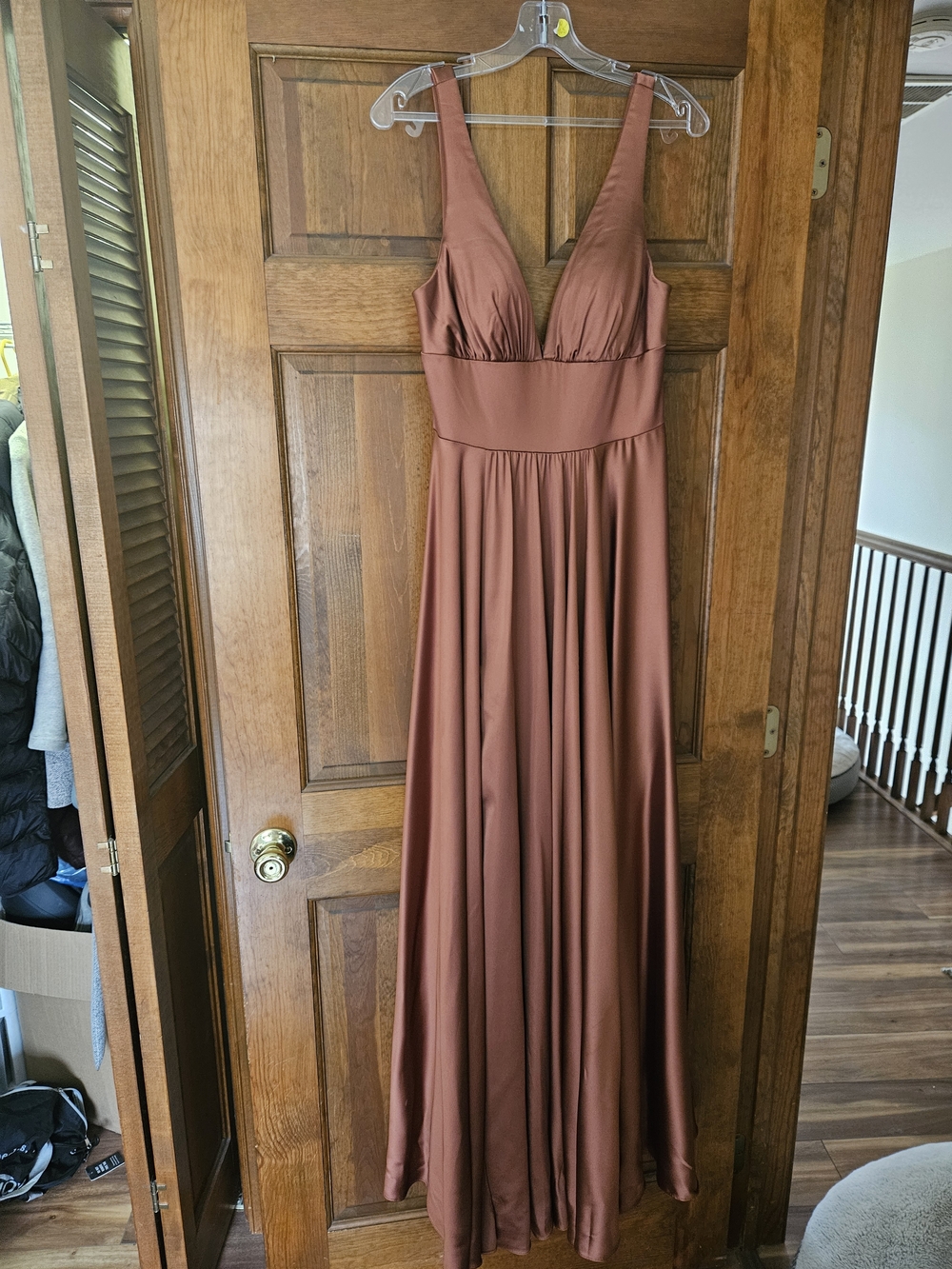 Rust Brown V-Neck Maxi Dress with Fitted Waist